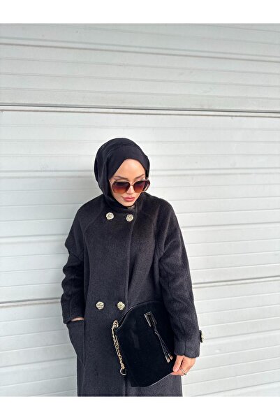 Minel Women's Black Long Buttoned Coat 01