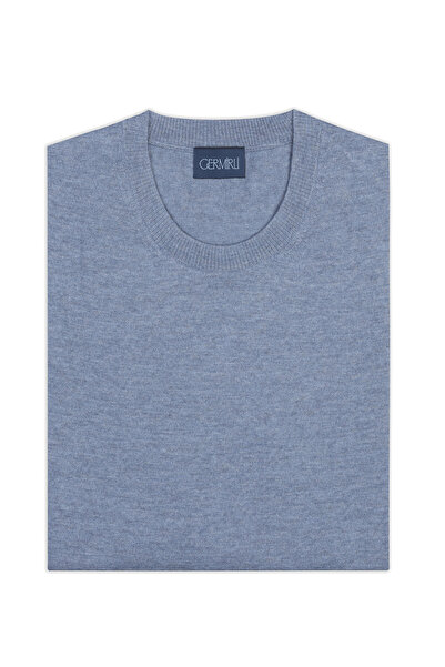 Germirli Crew Neck Blue Melange Regular Fit Extra Fine Wool Men's Knitwear