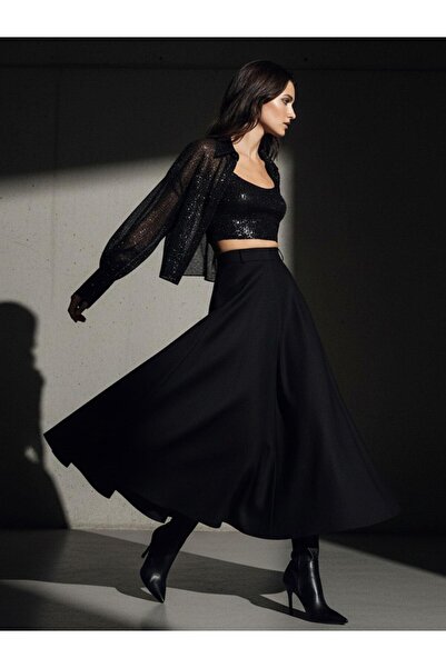 RİVUS High Waist Maxi Length Skirt with Pockets - Black