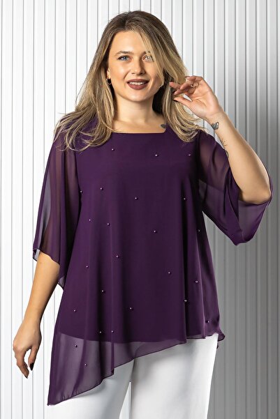 SUBU TASARIM Pearl Detailed Chiffon Blouse Purple Tbs974