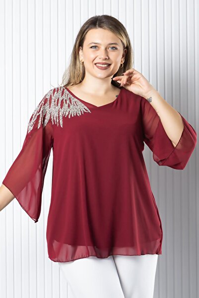SUBU TASARIM One Shoulder Embroidered Chiffon Blouse Burgundy Tbs972