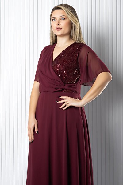 SUBU TASARIM Sequin Detailed Chiffon Dress Dress Burgundy Tbs978