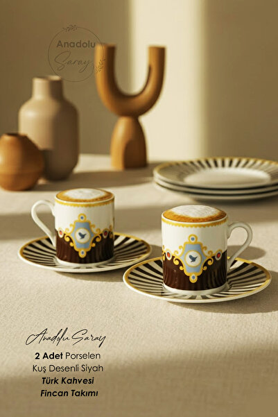 Anadolu Saray 2 Pieces Porcelain Bird Patterned Black Turkish Coffee Cup Set of 2