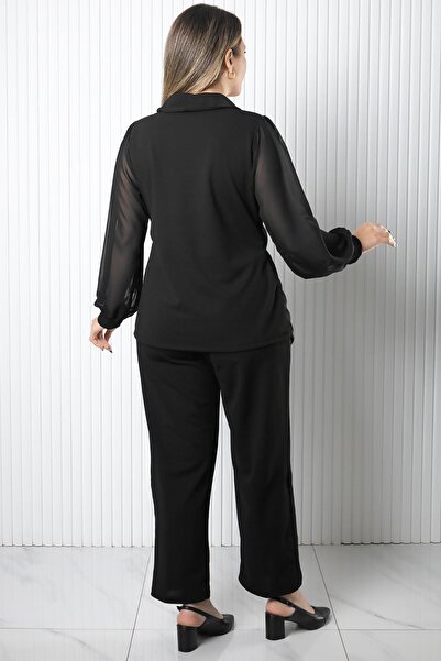 SUBU TASARIM Σετ μανίκια σιφόν με λεπτομέρεια με κουμπιά Μαύρο TBS976