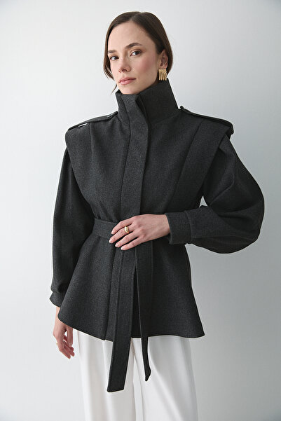 Laluvia Anthracite Epauletted Shoulder Pad Piece Cashmere Coat - 1005
