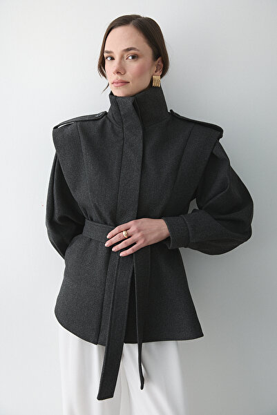 Laluvia Anthracite Epauletted Shoulder Pad Piece Cashmere Coat - 1005