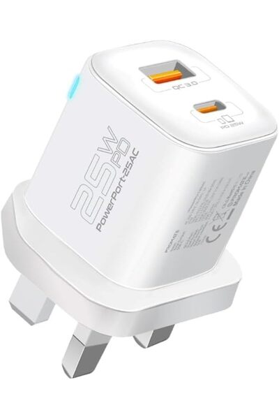 Promate PowerPort-25AC 25W USB-C PD + 18W QC3.0 Dual-Port Wall Charger (White)