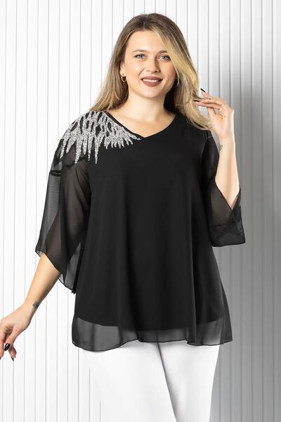 SUBU TASARIM Μπλούζα από σιφόν με έναν ώμο με κέντημα μαύρο TBS972