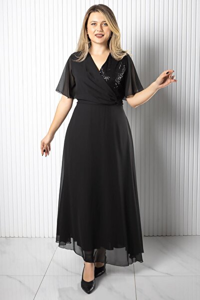 SUBU TASARIM Sequin Detailed Chiffon Dress Dress Black Tbs978