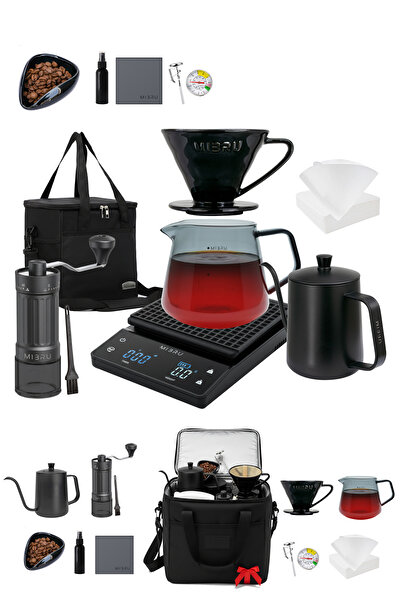 MIBRU ماكينة تحضير القهوة اليدوية الفاخرة V60 مع مجموعة مطحنة يدوية وقطارة، 11 قطعة