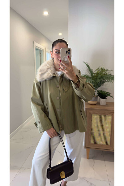 BİRCANÇİL Joosa Khaki Fur Collar Detailed Trench Coat
