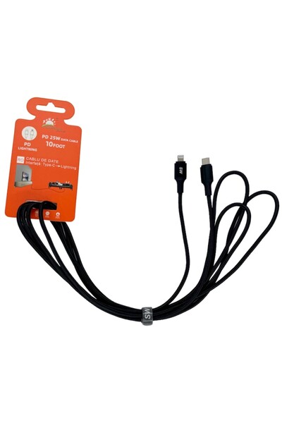 OEM Fast data and charging cable, USB Type-C to Lightning, 2.4A, 3m, Black, braided textile