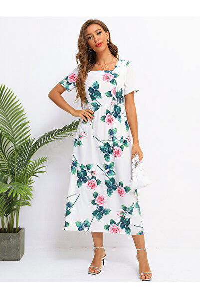 FridayIn فستان نسائي أنيق بياقة مربعة وأزهار، لياقة بدنية أساسية، متوسط الطول