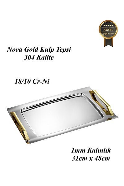 Arsel Nova Gold Kulplu Çay Tepsisi Premium 304 Paslanmaz Çelik 18/10 Sunum - Servis