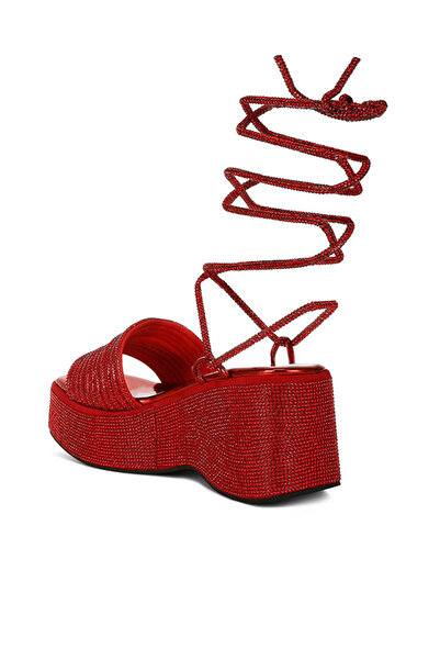 london Rag Women Rhinestone Embellished Lace-Up Sandals in Red