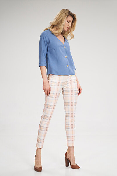 Figl Bluză de damă cu decolteu în V - bluză albastră cu nasturi M699 mărimea M