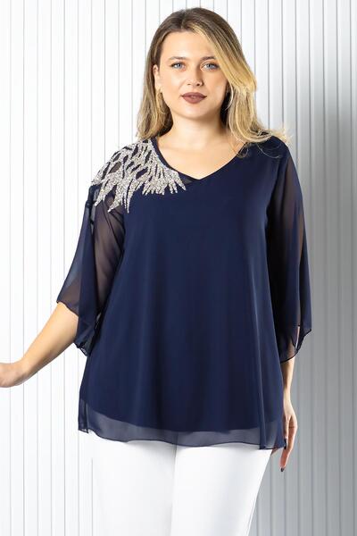 SUBU TASARIM Μπλούζα από σιφόν με έναν ώμο με κέντημα σε μπλε ναυτικό TBS972