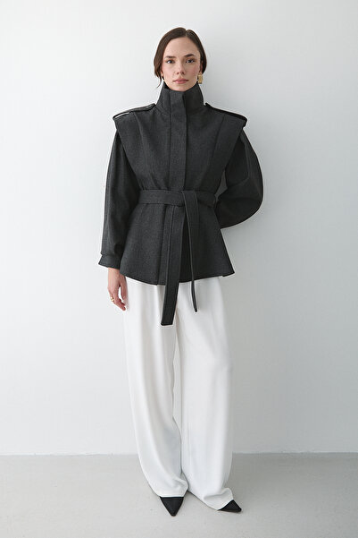 Laluvia Anthracite Epauletted Shoulder Pad Piece Cashmere Coat - 1005