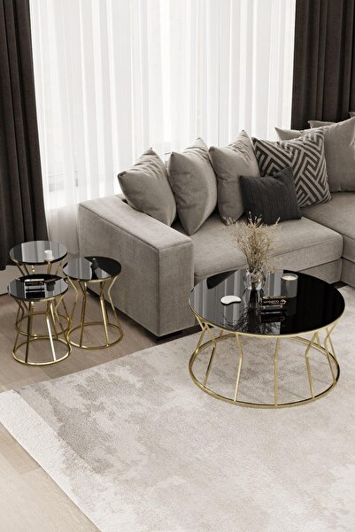 MYDECO Kum Saati Orta Sehpa & Zigon Sehpa Set Gold Kaplama Siyah Ayna