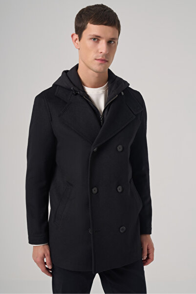 Morven Men's Black Wool Turn-Down Collar Hooded Dynamic Fit Coat