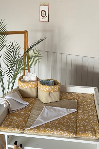 Pastelya Yellow Floral Patterned Baby Diaper Changing Set, Waterproof Changing Pad, Diaper Changing Mat