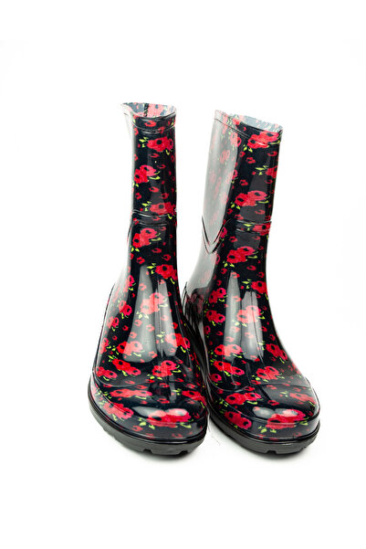 BABALİ 15101 Ulaş Κόκκινες κοντές γυναικείες μπότες βροχής με λουλούδια