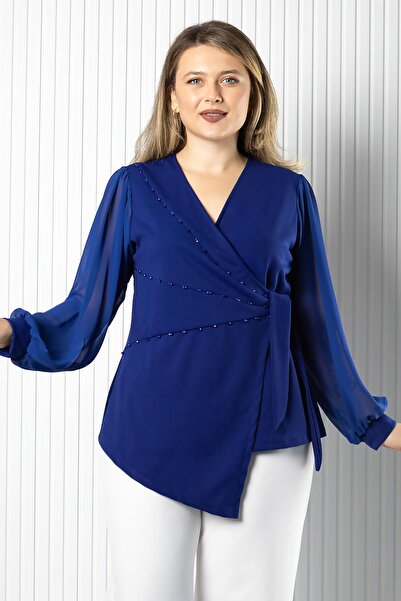 SUBU TASARIM Μπλούζα με λεπτομέρεια με κορδόνια από σιφόν μπλε κοβαλτίου TBS986