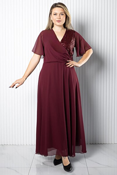 SUBU TASARIM Sequin Detailed Chiffon Dress Dress Burgundy Tbs978