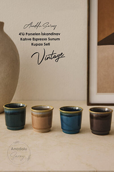Anadolu Saray 4-Piece Porcelain Nordic Glazed Coffee Espresso Presentation Cup Set Vintage Style