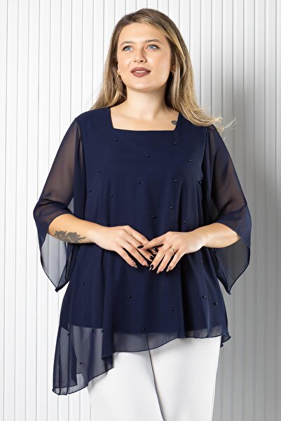 SUBU TASARIM Pearl Detailed Chiffon Blouse Navy Blue Tbs974