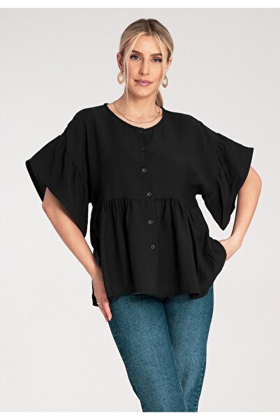 Figl Bluză cu volane - Bluză tip cămașă de damă - Bluză neagră M1211 mărimea S/M
