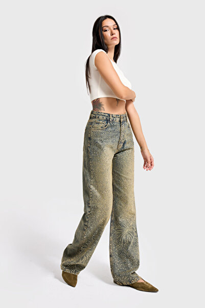 its basic Blugi pentru femei T.Kot Culoare T-4w5-11 straight fit talie înaltă Blugi din denim cu design special cu piatră strălucitoare