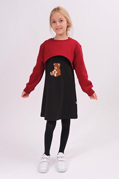 Perendi Girl's Teddy Bear Embroidered Dress and Crop Sweatshirt – Burgundy