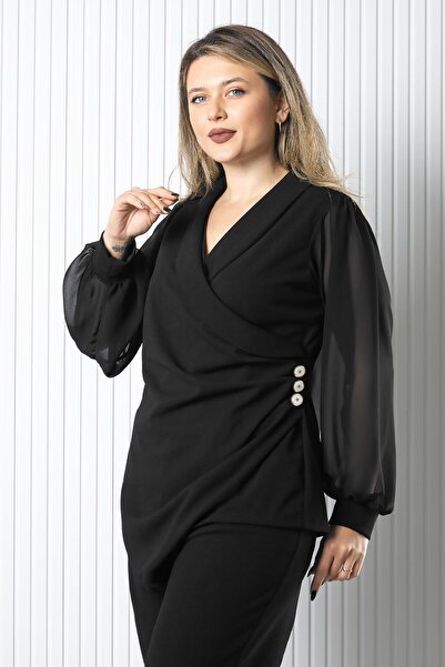 SUBU TASARIM Σετ μανίκια σιφόν με λεπτομέρεια με κουμπιά Μαύρο TBS976