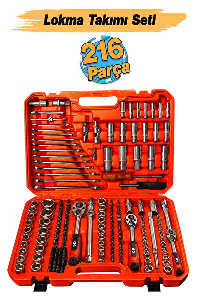 Badem10 Lokma Anahtar Takımı 216 Parça Uzatma Kolu Mafsallı 1/2 3/8 1/4 Yıldız Tork Düz Set Bits Uç Allen