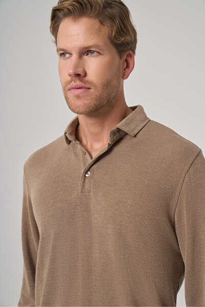 Morven Ανδρικό φούτερ με γιακά πόλο με κουμπιά σε καφέ χρώμα