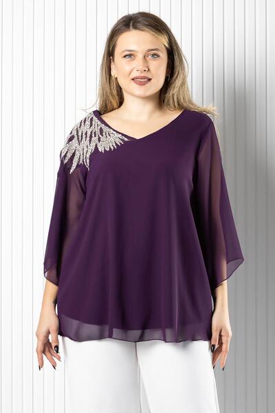 SUBU TASARIM Μπλούζα από σιφόν με κέντημα με έναν ώμο Μωβ TBS972