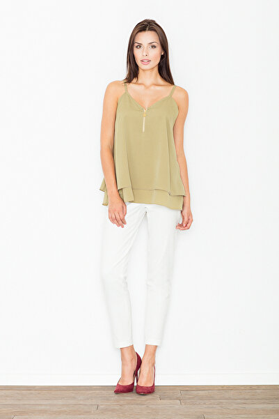 Figl Blouse with thin straps - blouse with zipper at the neckline, olive M481, size L