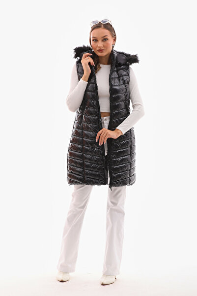 THE WOOW Women's Hooded Fur Detailed Black Shiny Long Puffer Vest