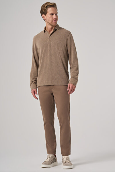 Morven Ανδρικό φούτερ με γιακά πόλο με κουμπιά σε καφέ χρώμα