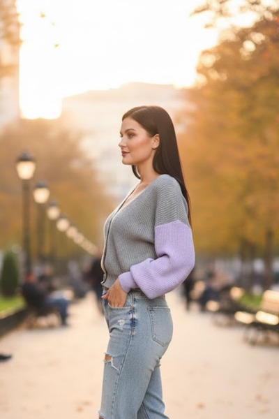 Marvine Women's Gray Buttoned Color Block Knitwear Cardigan