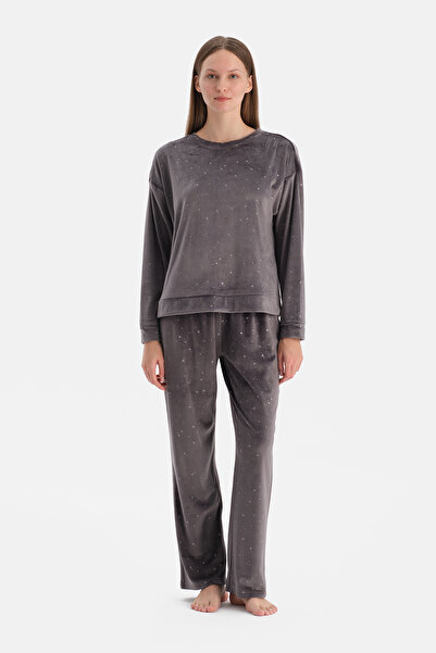 Dagi Black Shiny Star Printed Velvet T-Shirt Pants Pajama Set