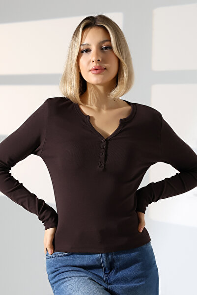 Endies Buttoned V-Neck Long Sleeve Cotton Basic Women's T-Shirt 21926 Brown