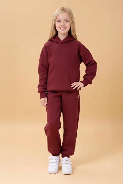 Perendi Reglan Sleeve Hooded Unisex Children's Suit with Fleece Inside Burgundy