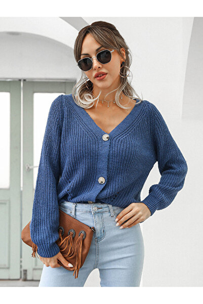 FridayIn Sweet V-neck Solid color Buttons Bat sleeve Cardigan