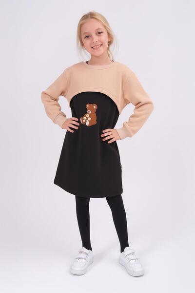 Perendi Girl's Teddy Bear Embroidered Dress and Crop Sweatshirt – Beige