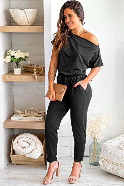 WildFashion Elegant one-shoulder jumpsuit, short sleeves, Black X795-1