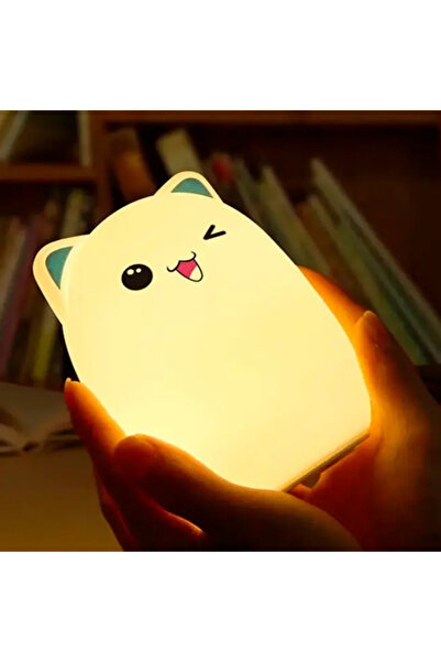 PRATİKLİFE Kedi Figürlü Silikon LED Gece Lambası – USB Şarjlı, Dokunmatik, Yu...