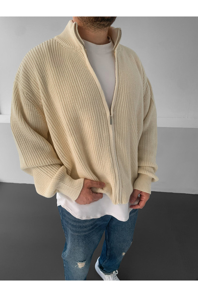 NO1 KONSEPT Beige Zippered Premium Half Turtleneck Oversized Knitwear Cardigan