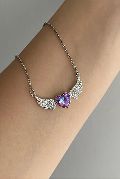 Si moda Gümüş Renk Melek Kanatlı Mor Kalp Taşlı Paslanmaz Çelik Kolye